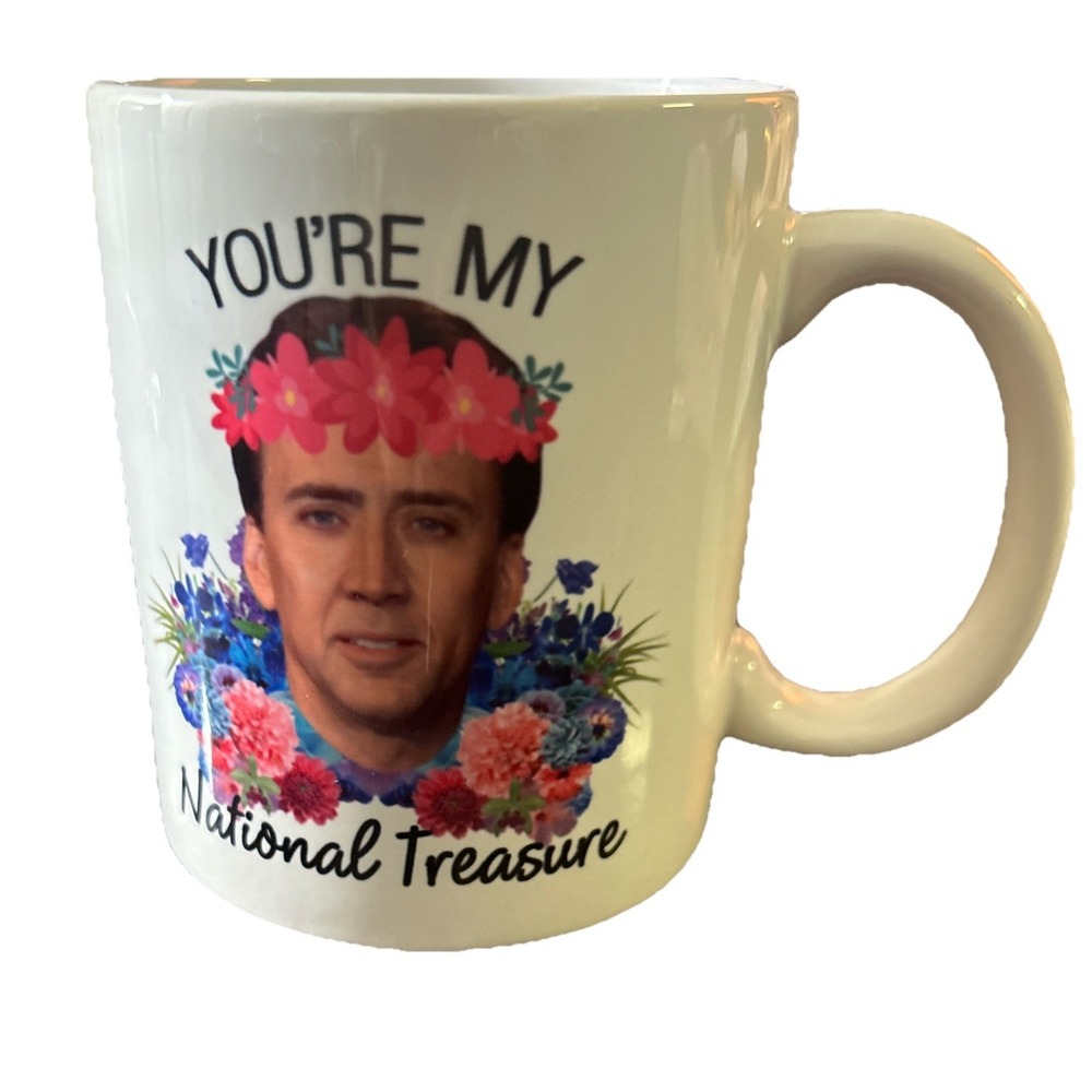 Nicholas Cage You're My National Treasure Ceramic Mug, White Actor Cup Roses